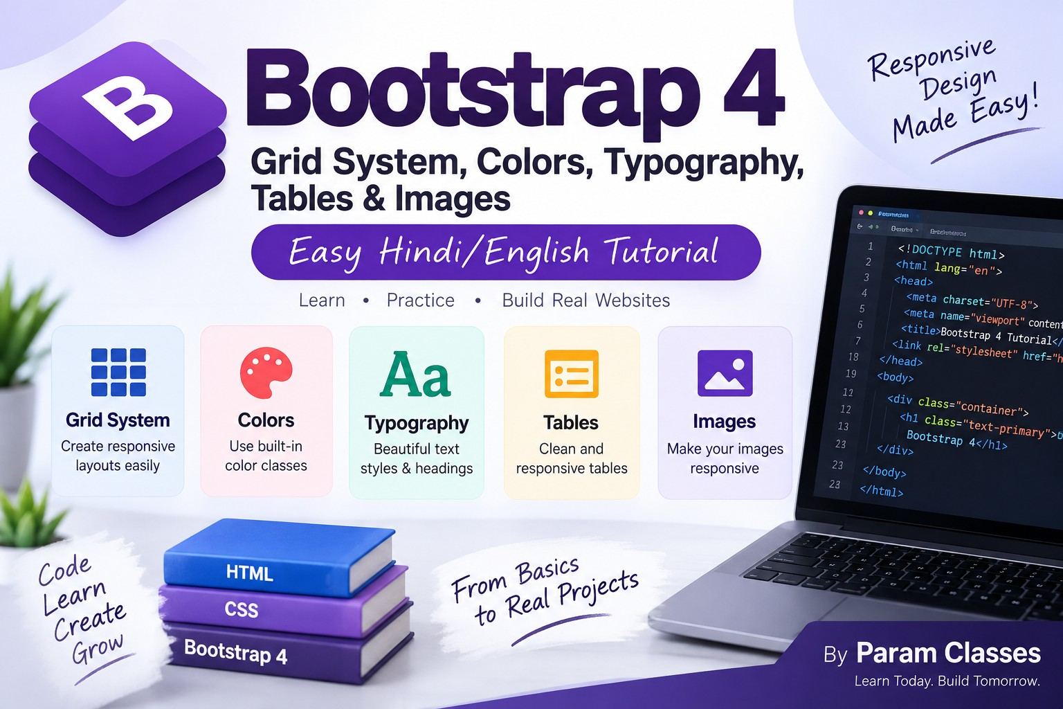 What is Bootstrap 4 Grid System, Colors, Typography, Tables and Images Tutorial with real time example 2026?